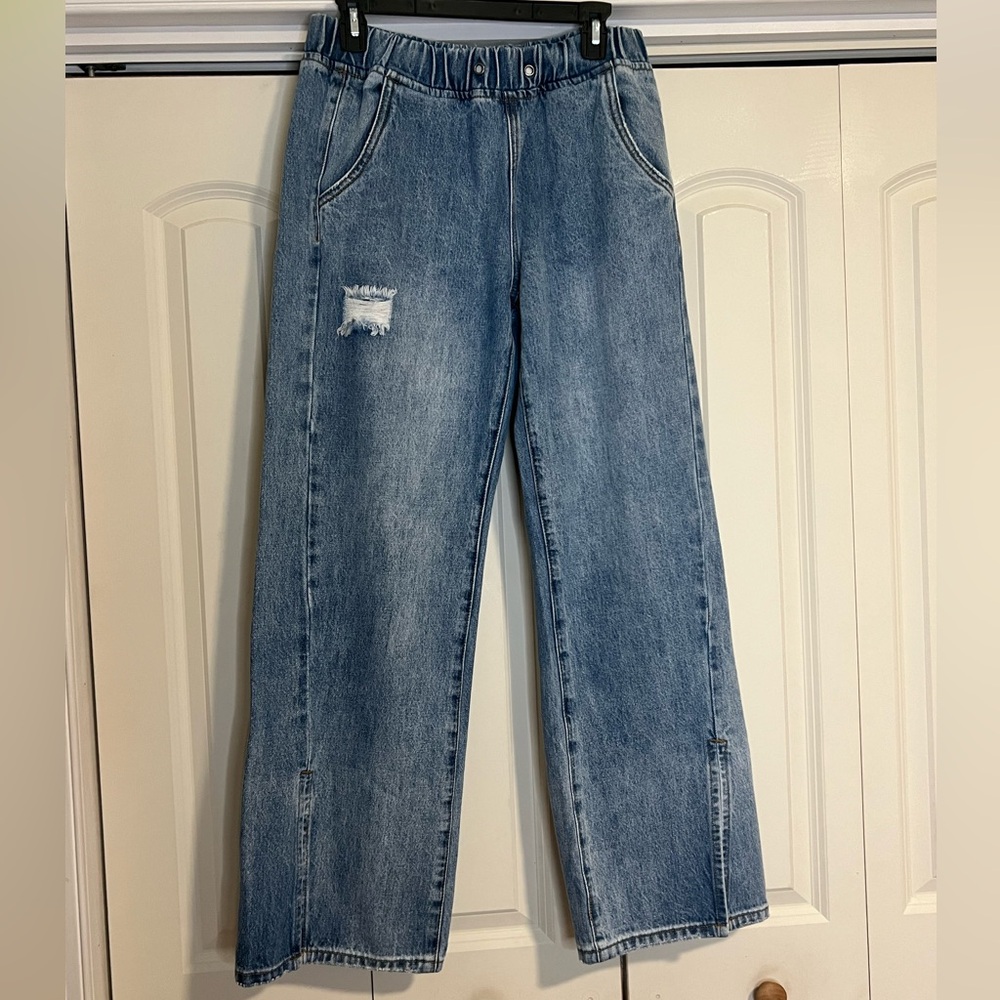 ONE TEASPOON Roadhouse Light Wash Pull-On Wide Leg Jeans w/ Slit Bottoms